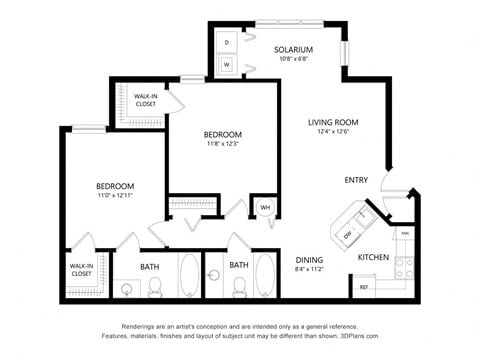 Floor plan for 2 beds, 2 baths, 997 sqft